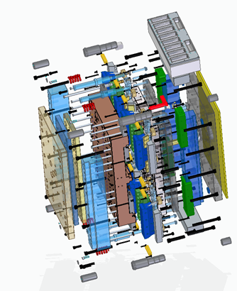 Exploded view of injection mold assembly